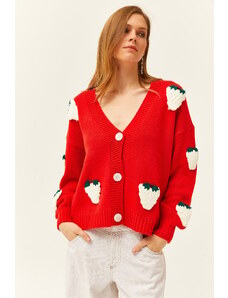 Olalook Women's Red Strawberry Garnish Buttoned Knitwear Cardigan