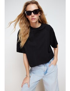 Trendyol Black 100% Cotton Cutout Detailed Relaxed Crop Knitted T-Shirt