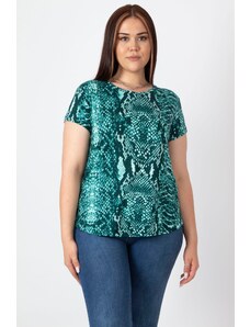 Şans Women's Plus Size Green Crew Neck Basic Patterned T-Shirt