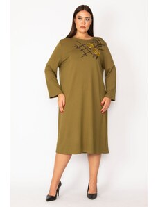 Şans Women's Plus Size Khaki Embroidery And Sequin Detailed Long Sleeve Dress