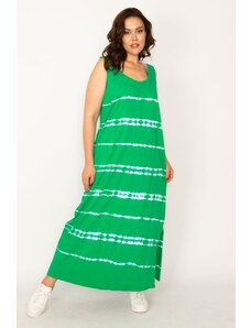 Şans Women's Plus Size Green Tie Dye Printed Maxi Length Dress with Side Slits