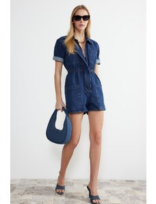 Trendyol Dark Blue Elastic Waist Denim Shorts Overalls