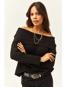 Olalook Women's Black Madonna Collar Soft Textured Knitwear Sweater
