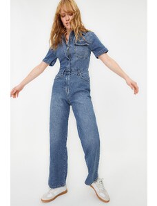 Trendyol Blue Short Sleeve Denim Jumpsuit