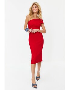Trendyol Red Fitted One-Shoulder Woven Midi Dress