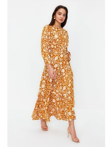 Trendyol Mustard Small Floral Printed Ruffle Detailed Belted Woven Dress