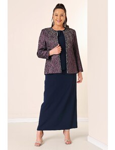 By Saygı Plus Size 3 Set With Inner Sleeveless Blouse Bead Detailed Jacquard Jacket Long Skirt Lined
