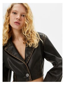 Koton Crop Faux Leather Jacket Worn Look Reverse Double Breasted Collar Long Sleeve