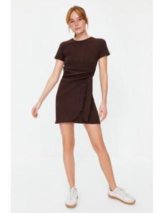 Trendyol Brown Tie Detailed Crew Neck Knitwear Look Mini Knitted Dress