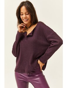 Olalook Women's Plum Buttoned Loose Sweater
