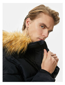 Koton Puffer Jacket Hooded Faux Fur Collar Detailed Zipper Pocket