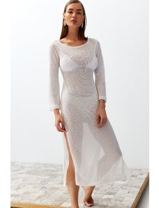 Trendyol Beige Fitted Maxi Knitted Decollete Decollete Knitwear Look Beach Dress