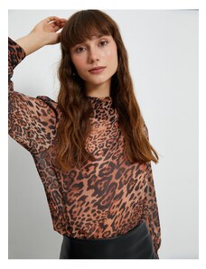 Koton Chiffon blouse Leopard Patterned Draped Collar Balloon Sleeve