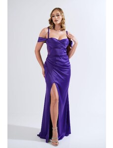 Carmen Purple Strappy Slit Satin Evening Dress