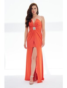 Carmen Orange Satin Front Slit Aller Sleeve Long Evening Dress