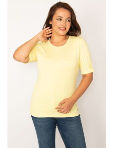 Şans Women's Plus Size Yellow Crew Neck Short Sleeve Blouse