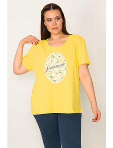 Şans Women's Plus Size Yellow Cotton Fabric Crew Neck Front Printed Blouse