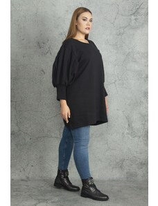 Şans Women's Plus Size Black Sleeve Detailed Collared Sweatshirt Dress