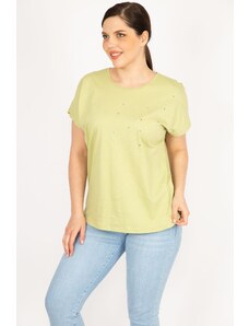 Şans Women's Green Plus Size Cotton Fabric Stone Detail Blouse