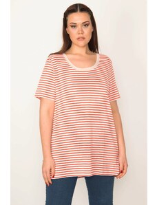 Şans Women's Plus Size Red Collar With Tulle Detailed Glittery Striped Blouse
