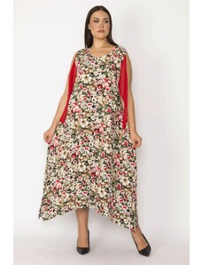 Şans Women's Plus Size Red Sleeve Detailed Floral Patterned Dress