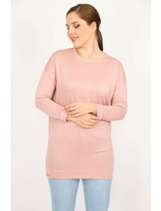 Şans Women's Plus Size Pink Crew Neck Long Sleeve Viscose Blouse