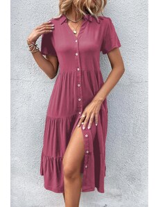 Madmext Burgundy Shirt Collar Long Dress