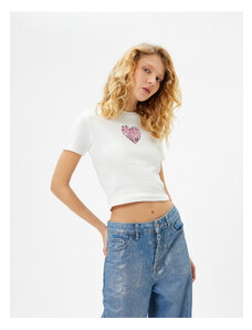 Koton Heart Crop T-Shirt Slim Fit Short Sleeve Crew Neck Cotton