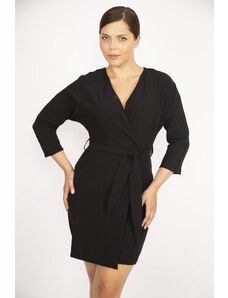 Şans Women's Black Plus Size Wrapped Neck Closed Wraparound Dress