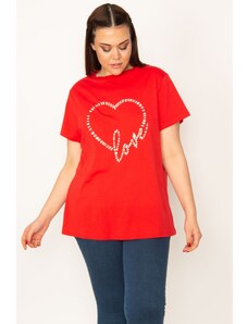 Şans Women's Plus Size Red Cotton Fabric Crew Neck Front Printed Blouse