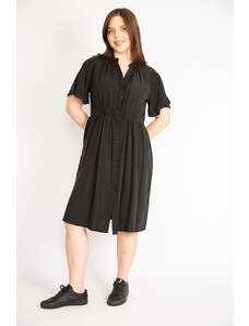 Şans Women's Black Plus Size Front Buttoned Waist Part Rubber Detailed Dress
