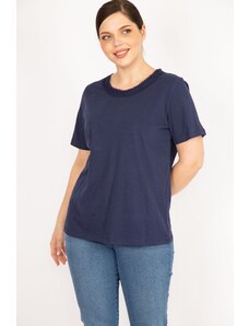 Şans Women's Navy Blue Plus Size Cotton Fabric Collar Lace Blouse