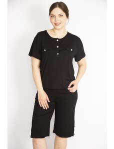 Şans Women's Black Plus Size Front Pops And Cuffs Metal Buttoned Blouse Capri Double Suit