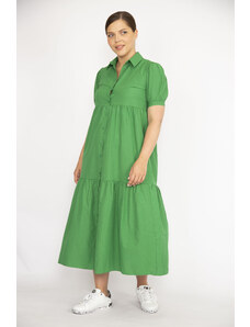 Şans Women's Plus Size Green Poplin Fabric Front Buttoned Dress