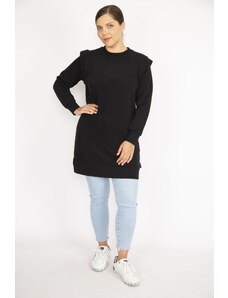 Şans Women's Plus Size Black 3 Thread Shoulder Detailed Sweatshirt Dress