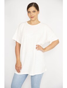 Şans Women's Bone Plus Size Crew Neck Short Sleeve Blouse