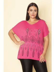 Şans Women's Plus Size Fuchsia Pearl And Print Detailed Low-Sleeve Blouse
