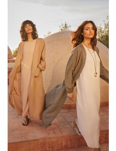 Trendyol Camel Long Linen Look Striped Woven Cap & Ferace & Abaya