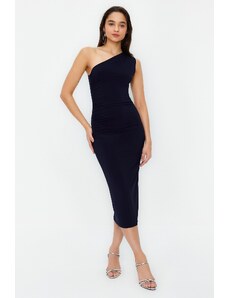 Trendyol Navy Blue One Shoulder Draped Fitted Maxi Flexible Knitted Midi Dress