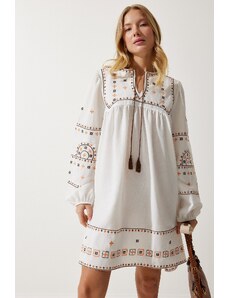 Happiness İstanbul Women's Ecru Embroidered Woven Linen Dress