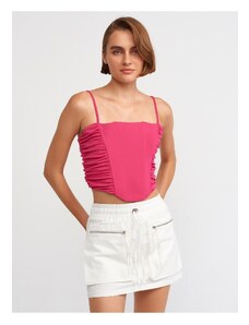 Dilvin 20129 Gathered Detailed Strappy Crop Top-Fuchsia