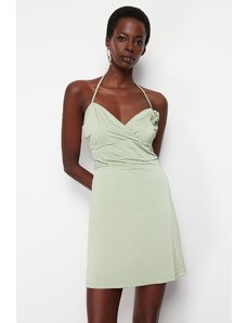 Trendyol Light Green Waist Opening/Skater Knitted Flower Detailed Elegant Evening Dress