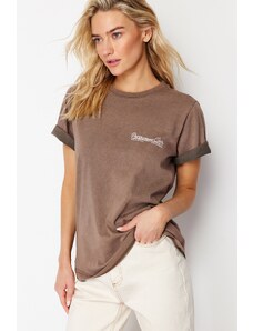 Trendyol Brown Faded Effect Printed Basic Knitted T-Shirt