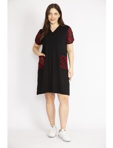 Şans Women's Black Plus Size Sleeve And Pockets Patterned Tulle Detailed V-Neck Dress