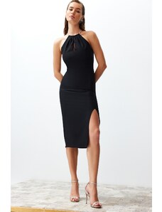 Trendyol Black Body-Sitting Stylish Evening Dress with Woven Accessories