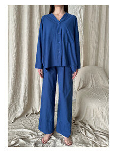 Laluvia Indigo Linen Double Cuff Trousers Shirt Suit