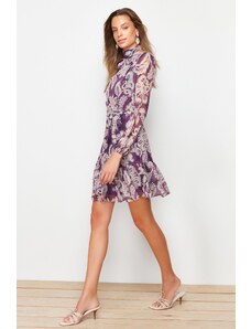 Trendyol švestková pásková sukně volánkový stojatý límec lemovaný šifonové tkané šaty
