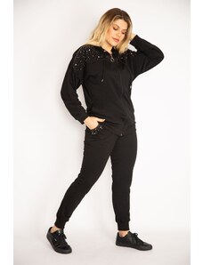 Şans Women's Plus Size Black Front Zipper Stone Detailed Hooded Sweatshirt Trousers Suit