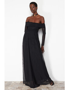 Trendyol Black Carmen Collar Tulle Long Evening Dress
