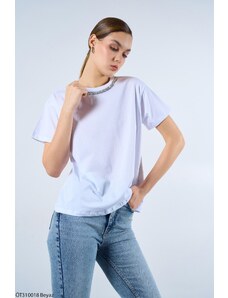 Laluvia White 100% Cotton Collar Stone Detailed T-shirt